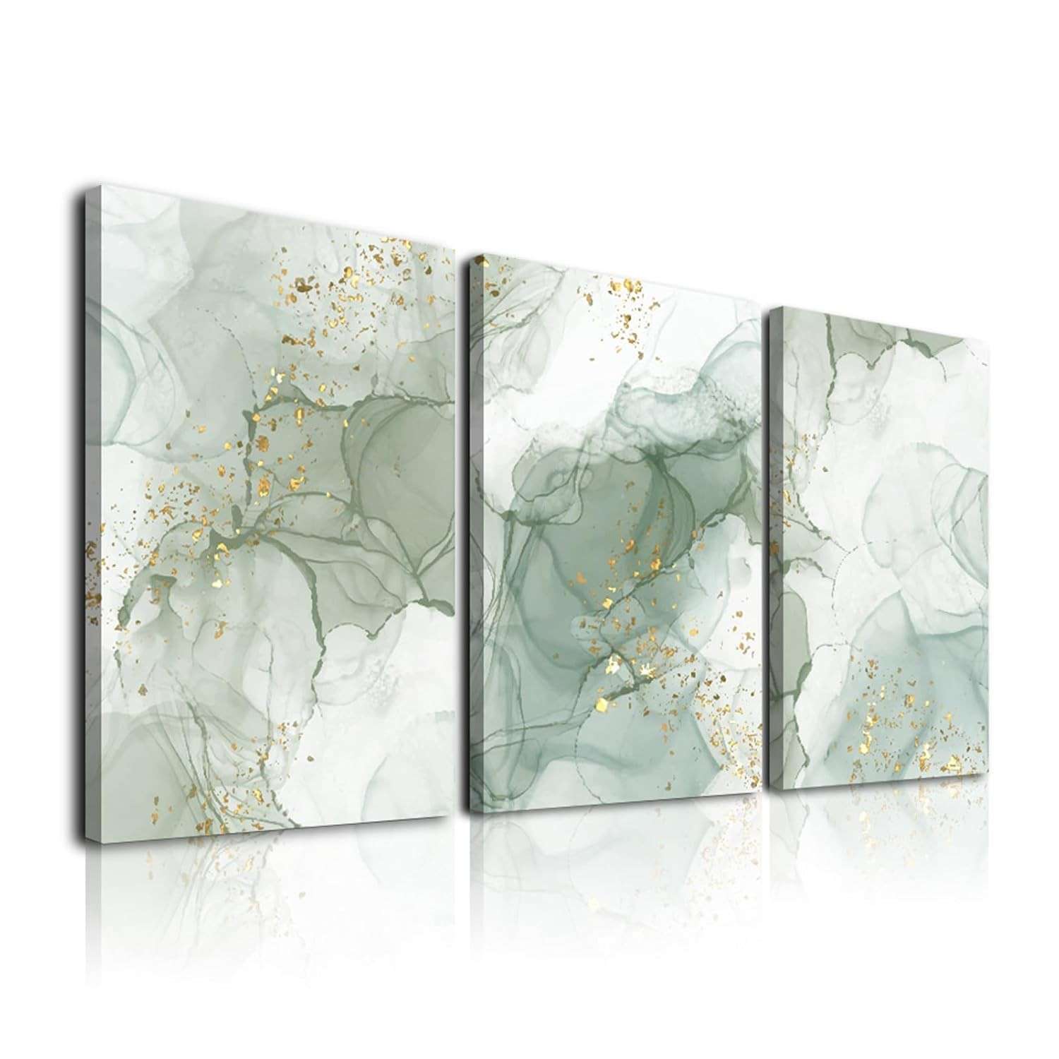 Conjunto de Arte de Parede Verde Sálvia Moderna - 3 Quadros Abstratos em Moldura para Sala de Estar, Quarto e Decoração Boho