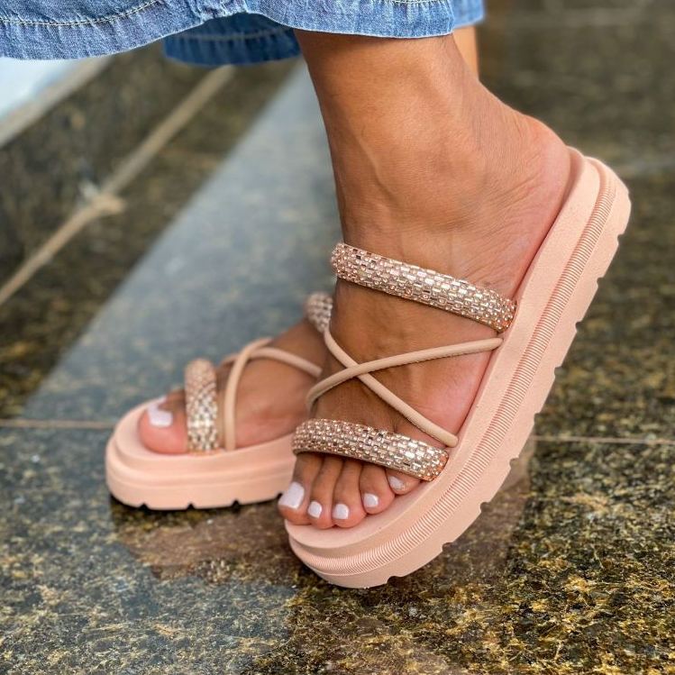 Sandália Feminina Strass Brilho Nude Rosê: Elegância para o Verão