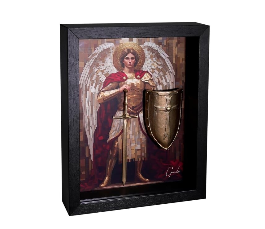 Quadro Decorativo São Miguel Arcanjo - Arte Sacra em Moldura Preta 33x26cm