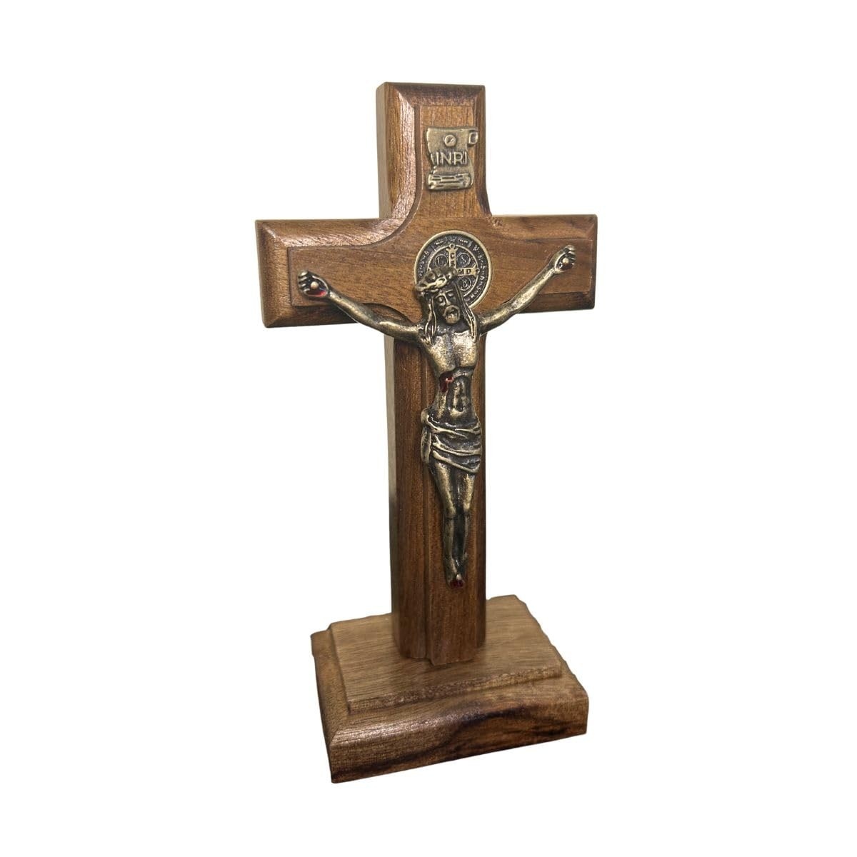 Crucifixo de Madeira com Medalhas de São Bento - 12cm com Chagas - Mesa ou Parede
