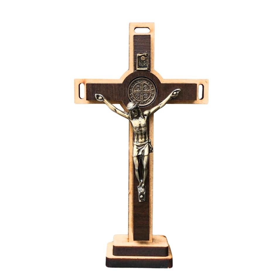 Crucifixo São Bento em Madeira e Metal - Mesa ou Parede - Tamanho P