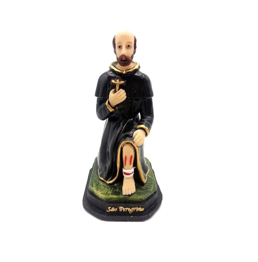 Escultura de São Peregrino em Resina 13 cm - Imagem Sagrada Pintada à Mão