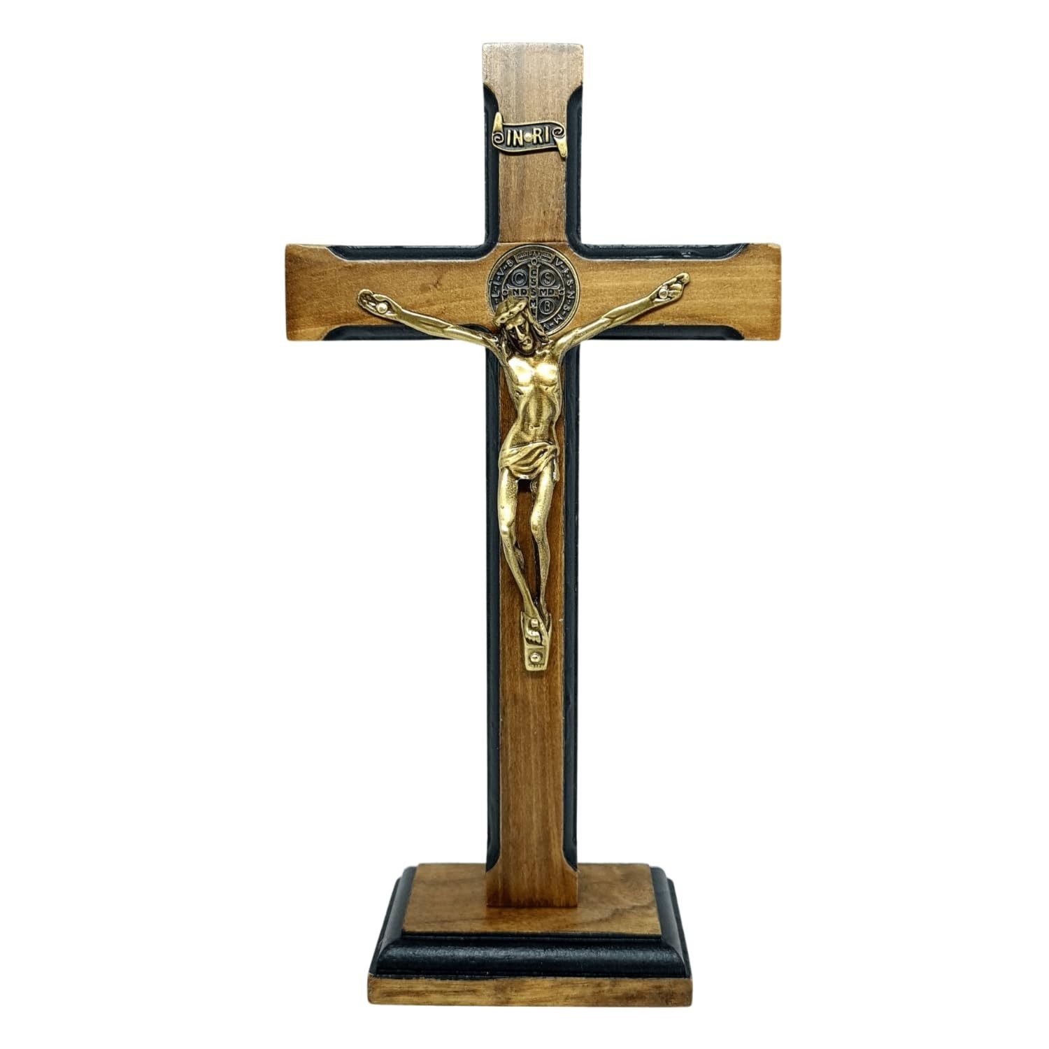 Crucifixo de Mesa São Bento Luxo 23 cm - Madeira Natural com Medalha de Fé