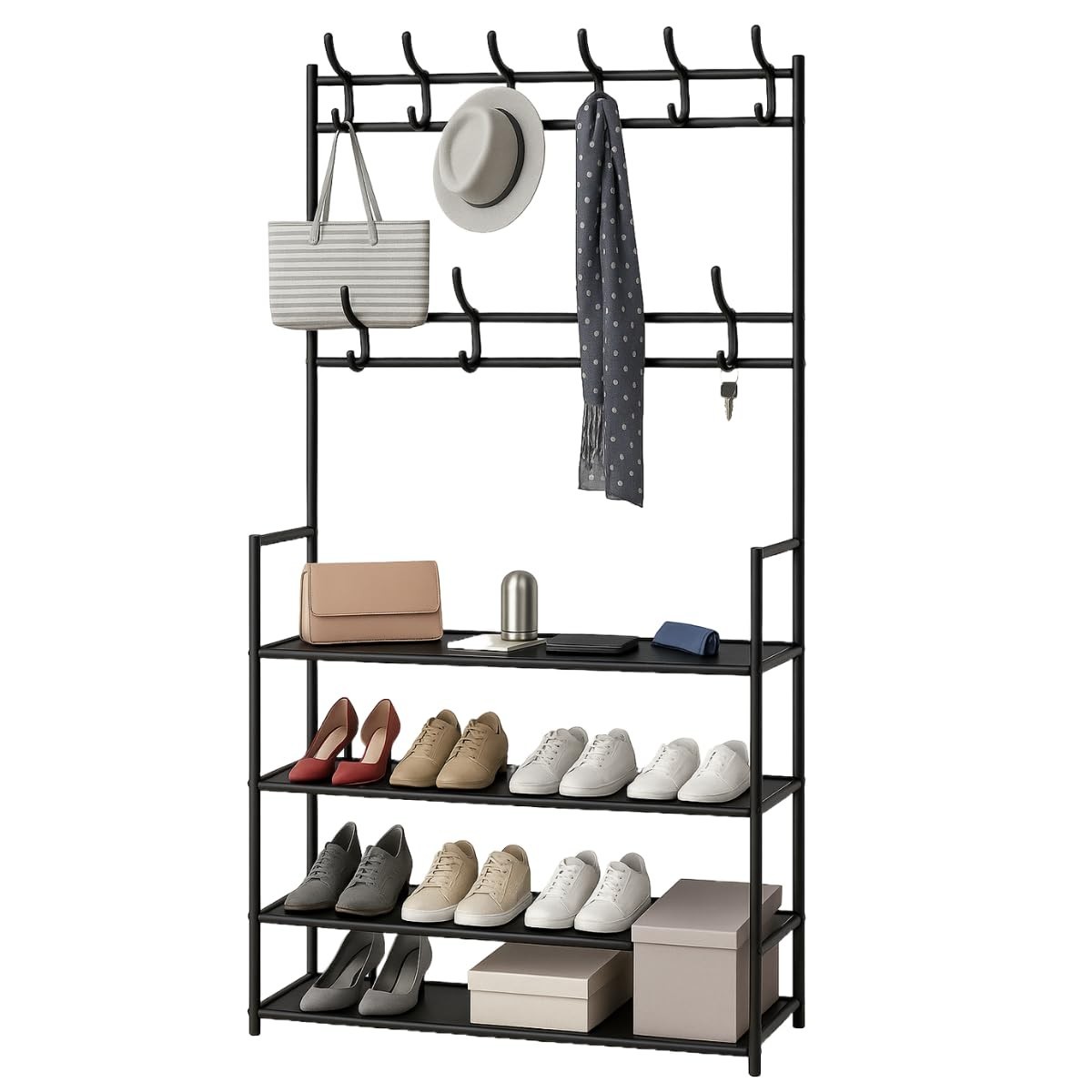 Sapateira Organizadora com Cabideiro Vertical 3 em 1 - 4 Prateleiras + Arara Multiuso para Roupas, Bolsas e Sapatos