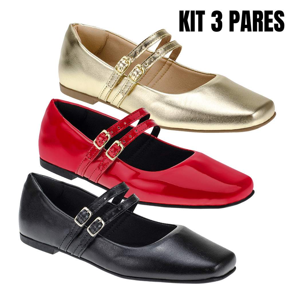 Sapatilha Bico Quadrado: Kit 3 Pares Confortáveis