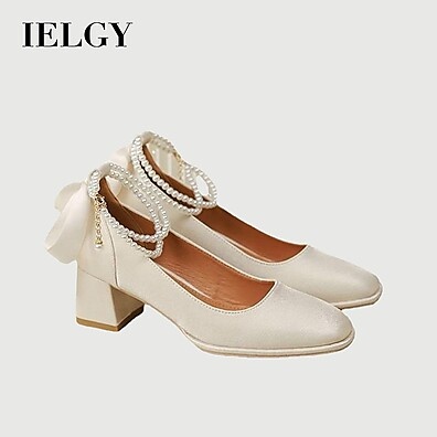 Sapatos de Casamento IELGY Branco com Calcanhar Quadrado e Nó de Borboleta