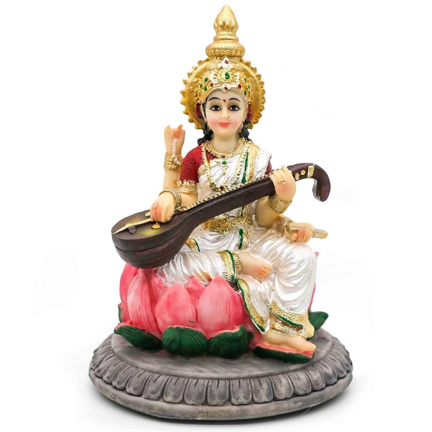 Estátua de Saraswati 13 cm - Mão Pintada - Decoração e Presente Religioso