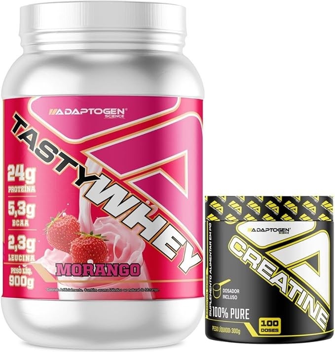 Tasty Whey 3W Sabor Morango 900g + Creatina 300g - Adaptogen Science