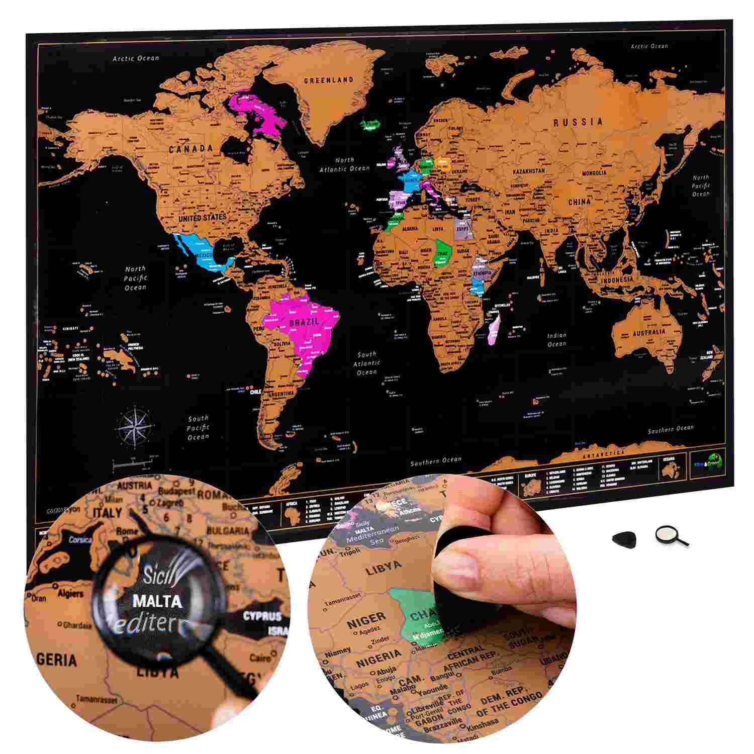 Mapa de Viagem Scratch Off World - Grande 71x42cm com Acessórios - Atlas & Green