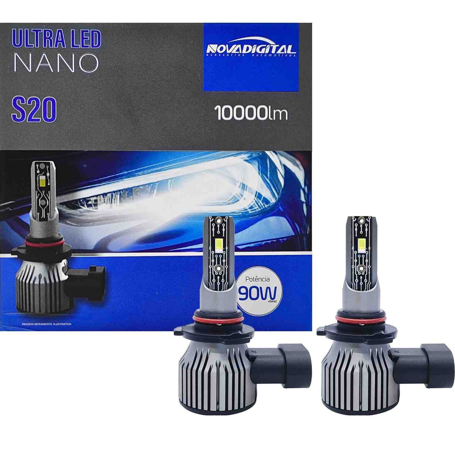 Kit Ultra Led Nano S20 10000Lm 90W HB3/9005 Novadigital: Iluminação Potente e Segura