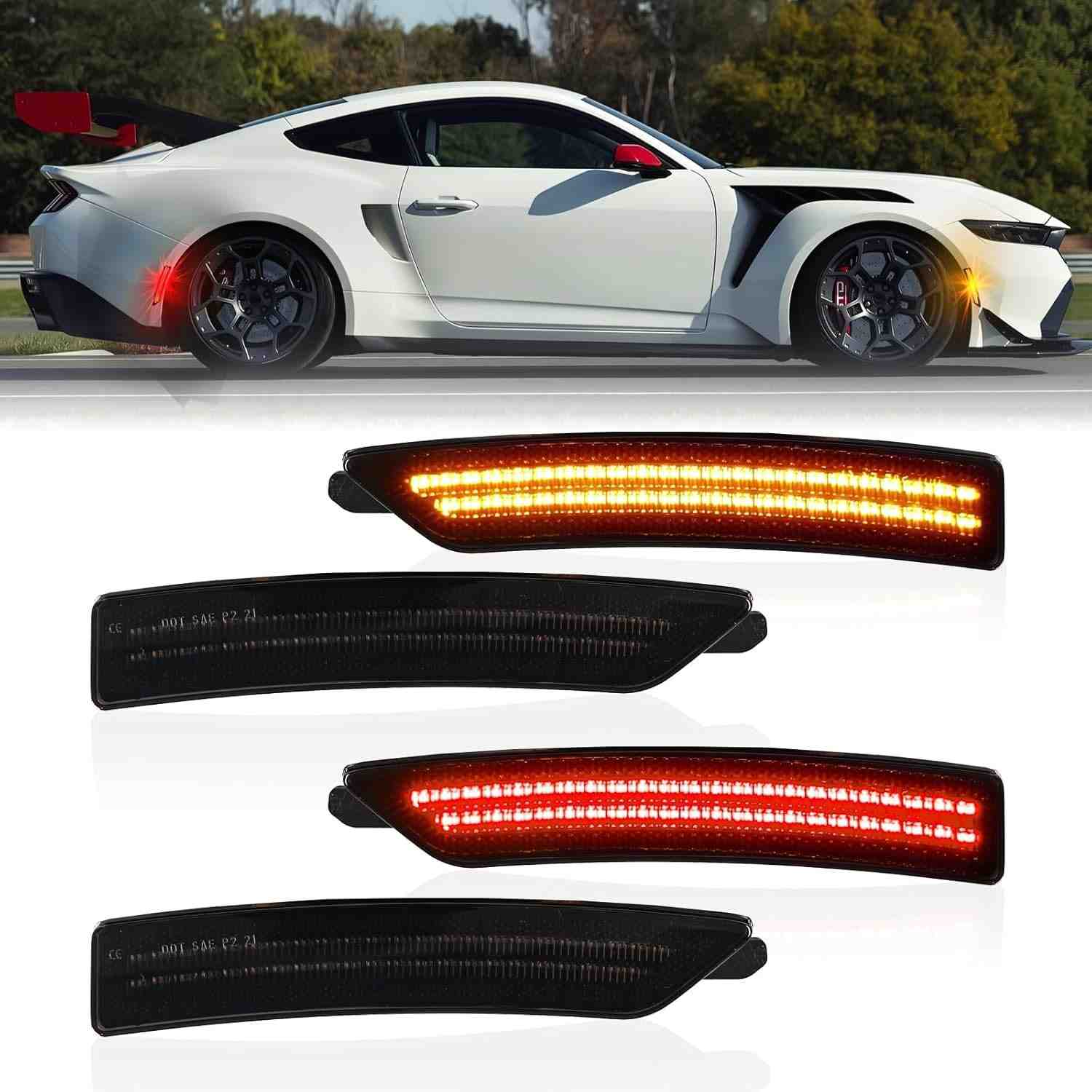 Luzes LED Laterais Fumê para Ford Mustang S650 Gen7 2024-2025: Segurança e Estilo com 4 Peças