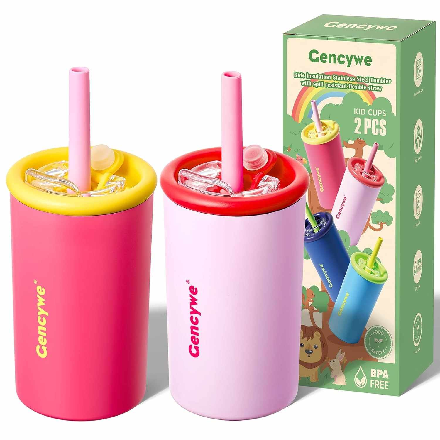 Conjunto de Copos Infantil Aço Inox 355ml com Canudo e Tampa - Seguro, Sem BPA, à Prova de Vazamento