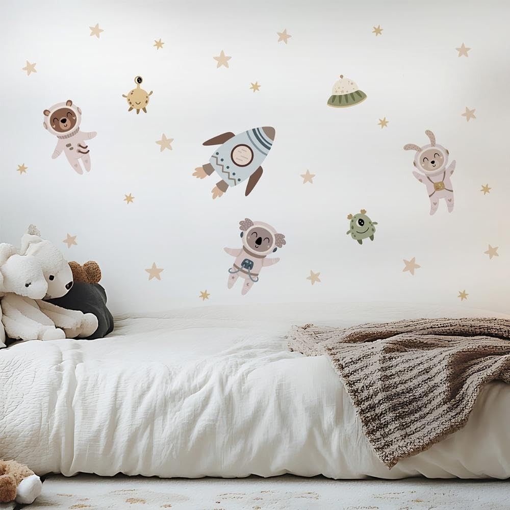 Adesivo de Parede Infantil Animais Astronautas - Design Espacial Lavável e Seguro para Quarto de Bebê