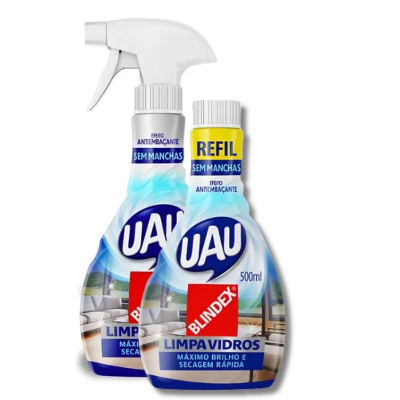 Kit Limpa Vidro UAU Blindex Sem Manchas - 2 Unidades 500ml com Gatilho e Refil