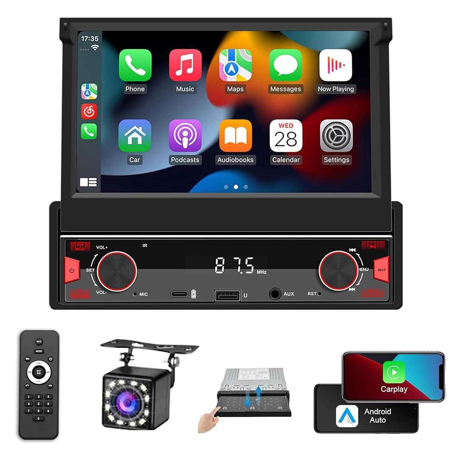 FINYQBET Multimídia Retrátil 7" com CarPlay/Android Auto Sem Fio: Segurança e Entretenimento no Seu Carro