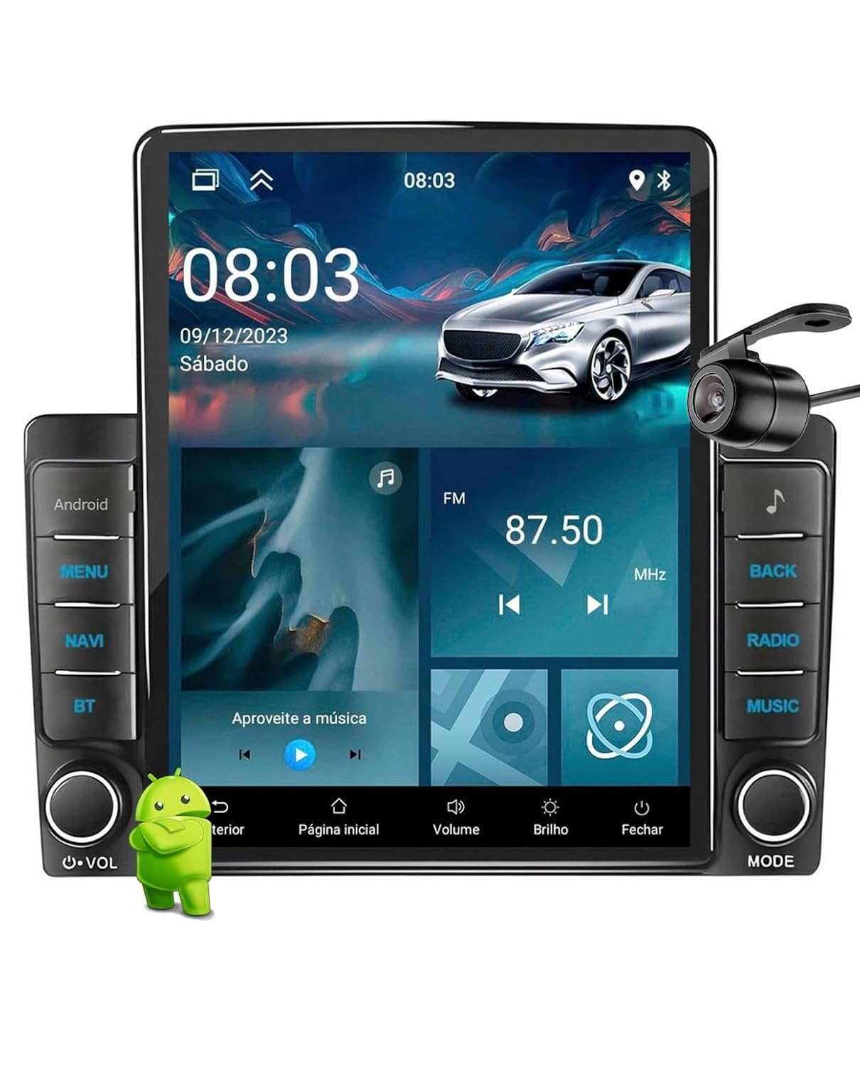 Multimídia Vertical Tesla 9.7" HT-9700CA: Tela Imersiva, CarPlay/Android Auto Sem Fio e Câmera de Ré