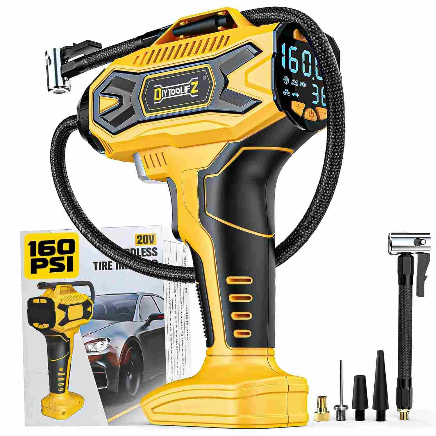 Inflador de Pneu Portátil Sem Fio 160PSI - Compatível com Bateria Dewalt 20V | Compressor de Ar Automático para Carros, Motos e Bicicletas