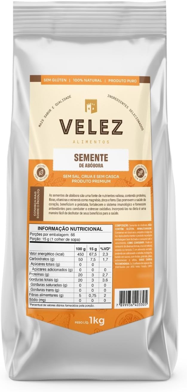 Semente de Abóbora Crua Sem Casca Premium VELEZ 1Kg