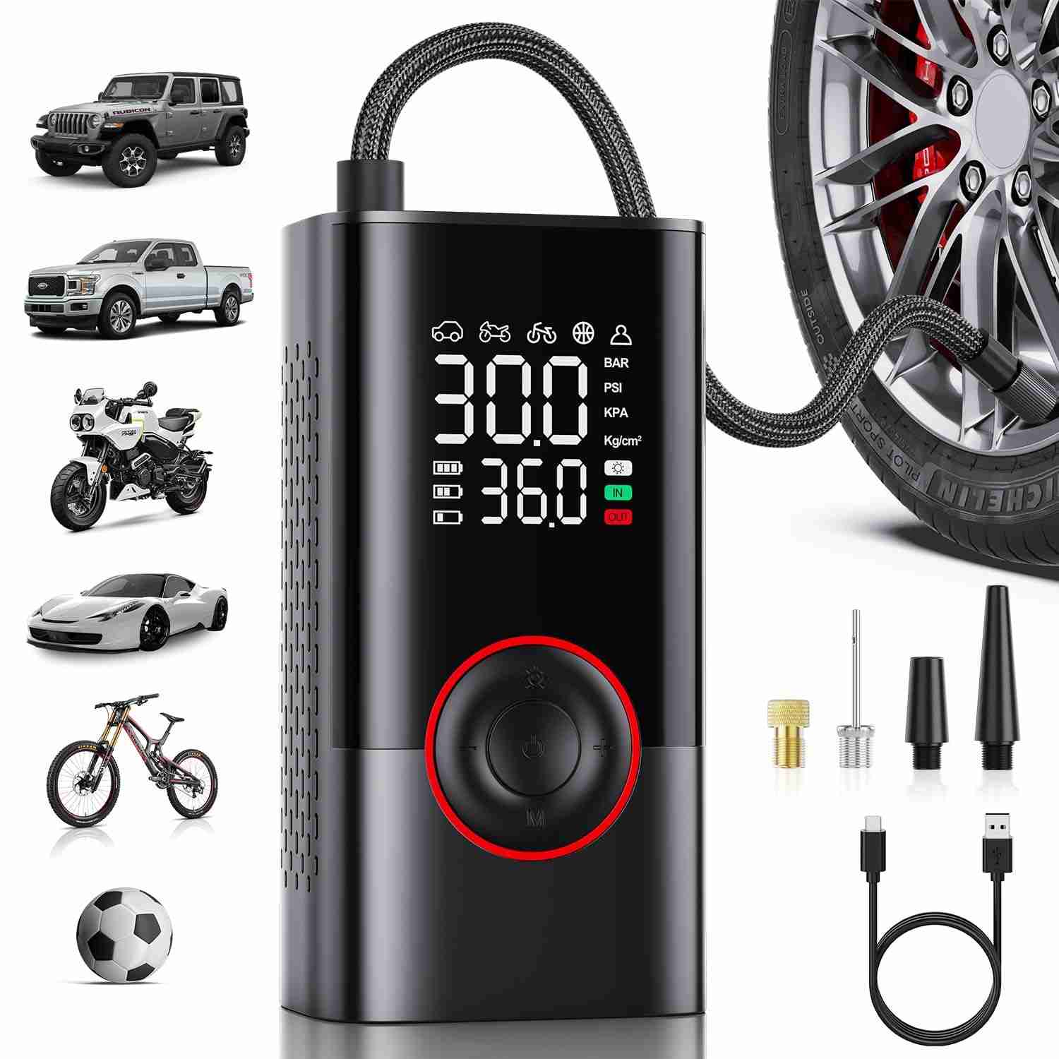 Compressor de Ar Portátil PumpX: Inflador de Pneu Sem Fio 150PSI com Medidor Digital e Desligamento Automático