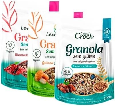 Kit 3 Granolas Zero Açúcar Sem Glúten Leve Croc: Biomassa e Goji Berry, Quinoa e Amêndoa, Aveia