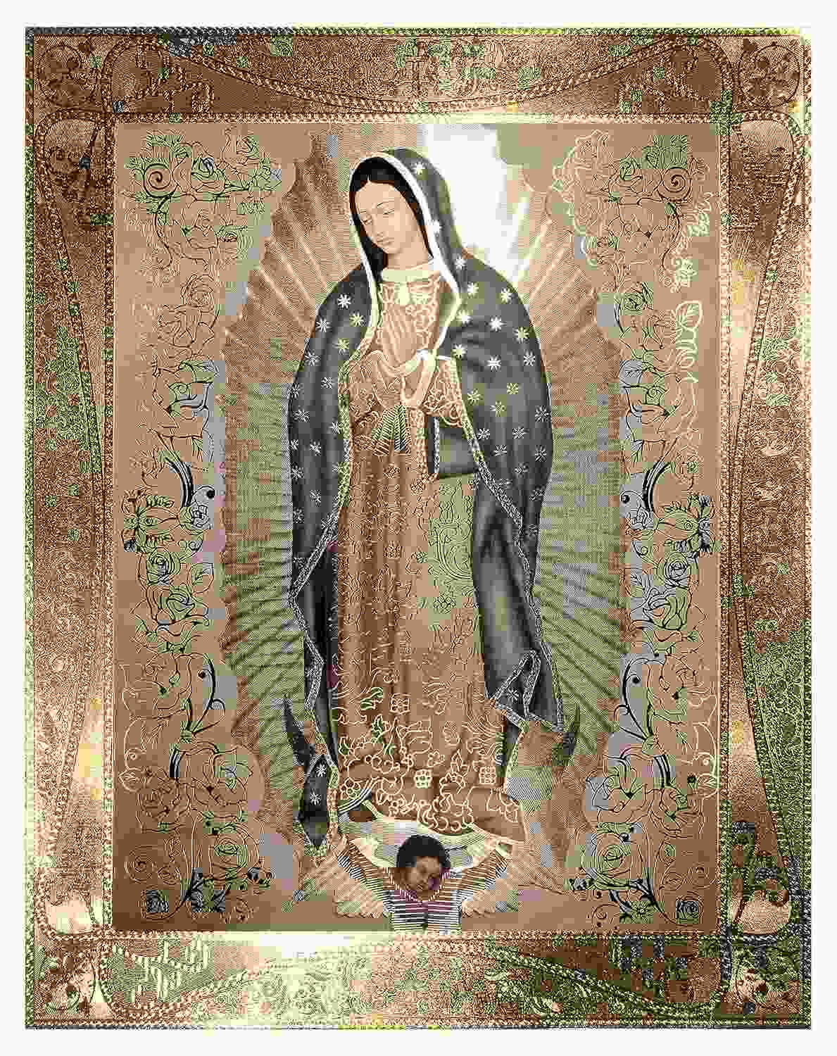 Retrato de Nossa Senhora de Guadalupe com Bordas Douradas - Arte Religiosa Laminada 20,3x25,4cm