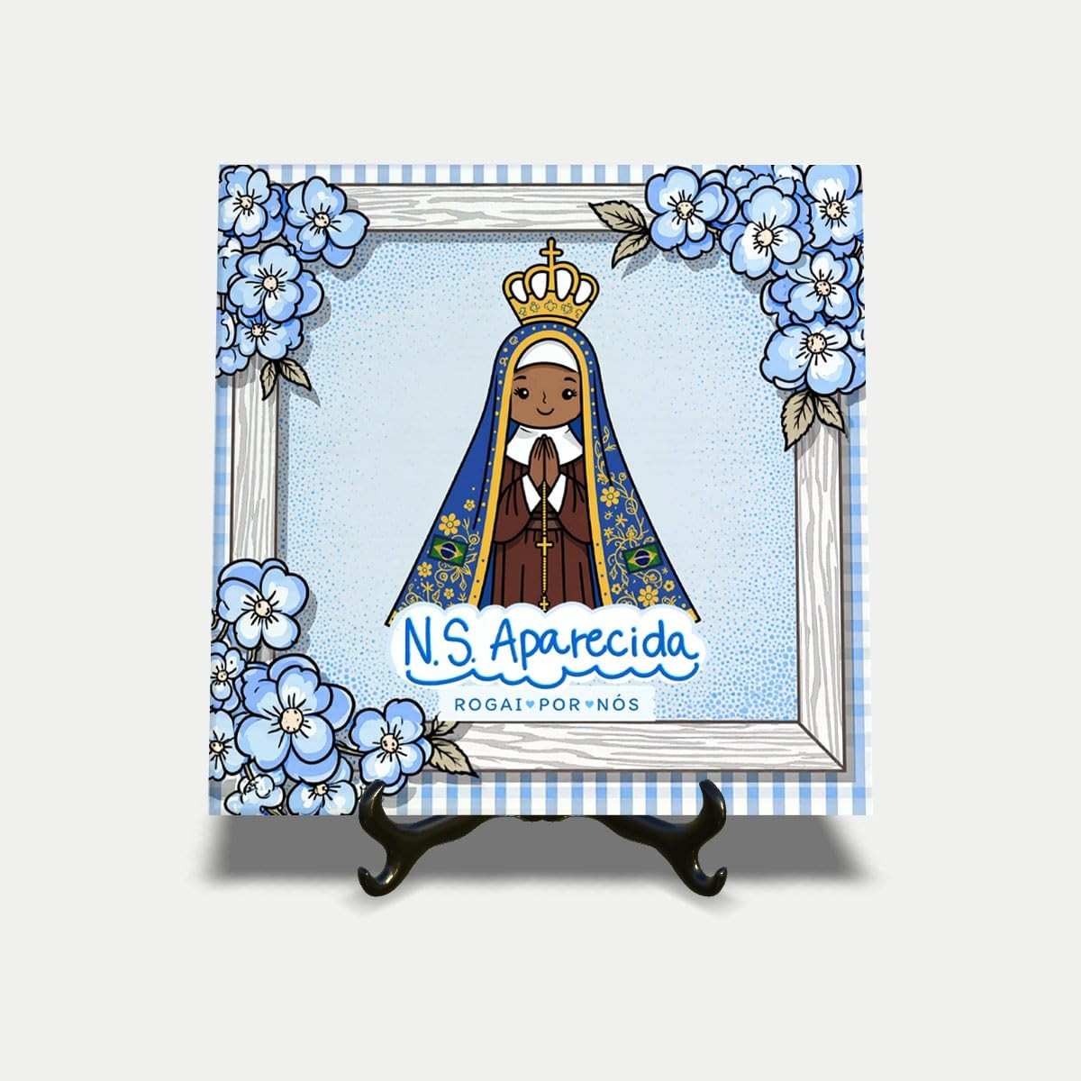 Quadro Azulejo 15x15cm Fé Nossa Senhora Aparecida - Decoração Religiosa Elegante