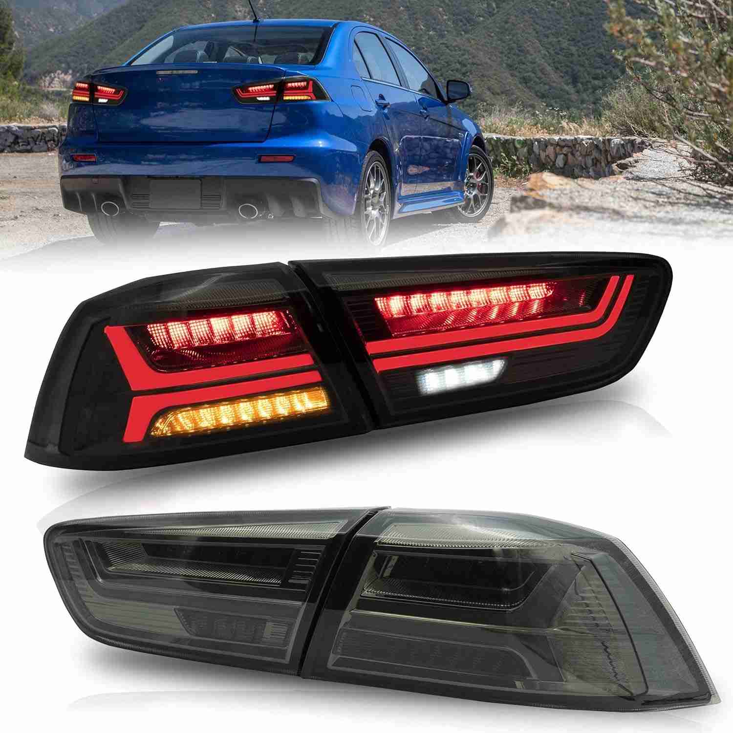Lanternas Traseiras VLAND para Mitsubishi Lancer EVO X 2008-2020: Seta Sequencial Fumê e LED