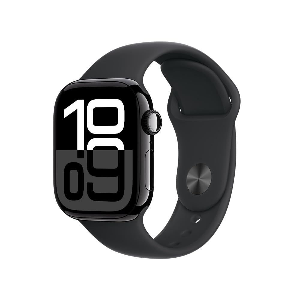 Apple Watch Series 10 GPS 42mm: Caixa Preta Brilhante e Pulseira Esportiva Preta P/M