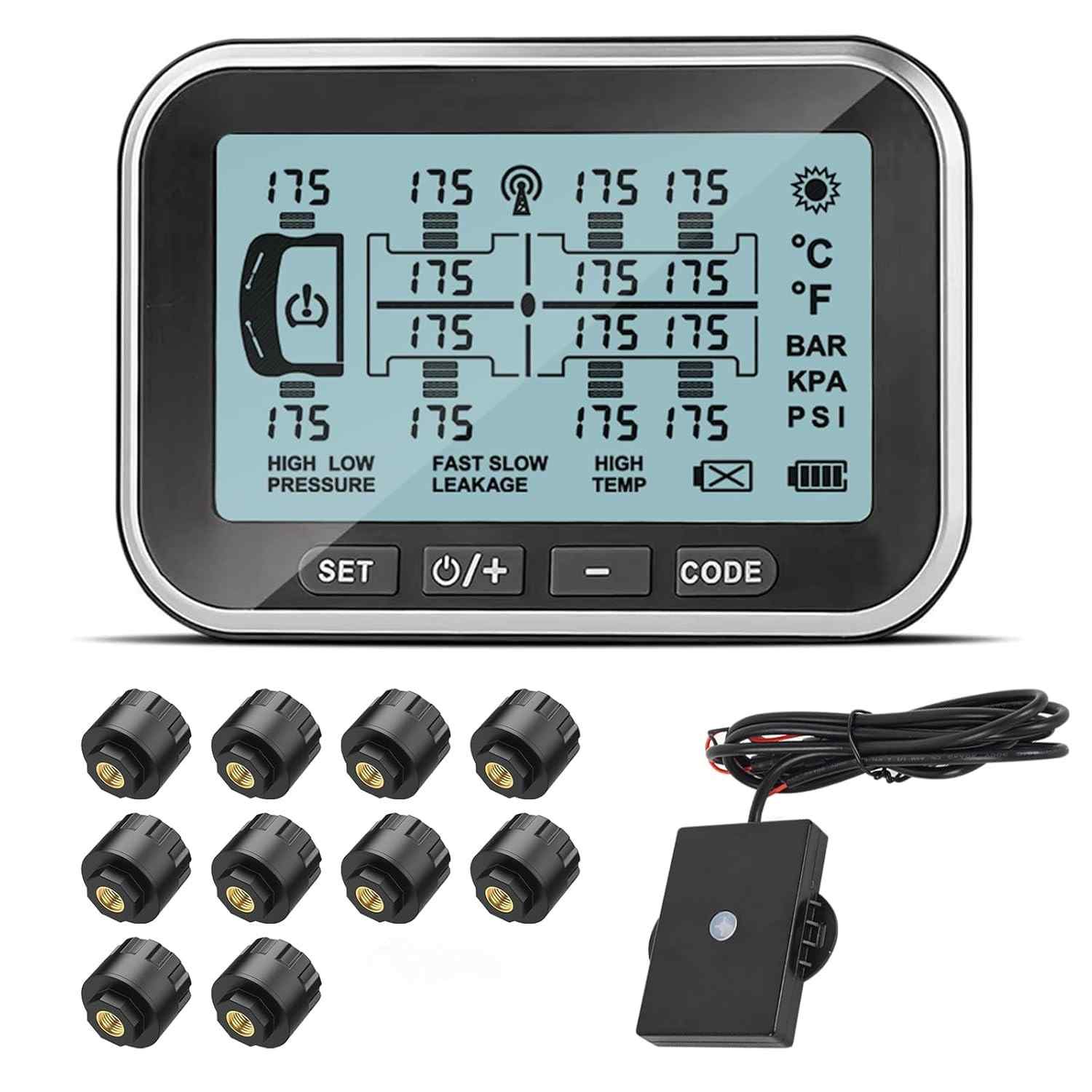 Tyona TPMS: Monitore a Pressão dos Pneus do seu Caminhão/Trailer com Tela de 4.5" e 10 Sensores