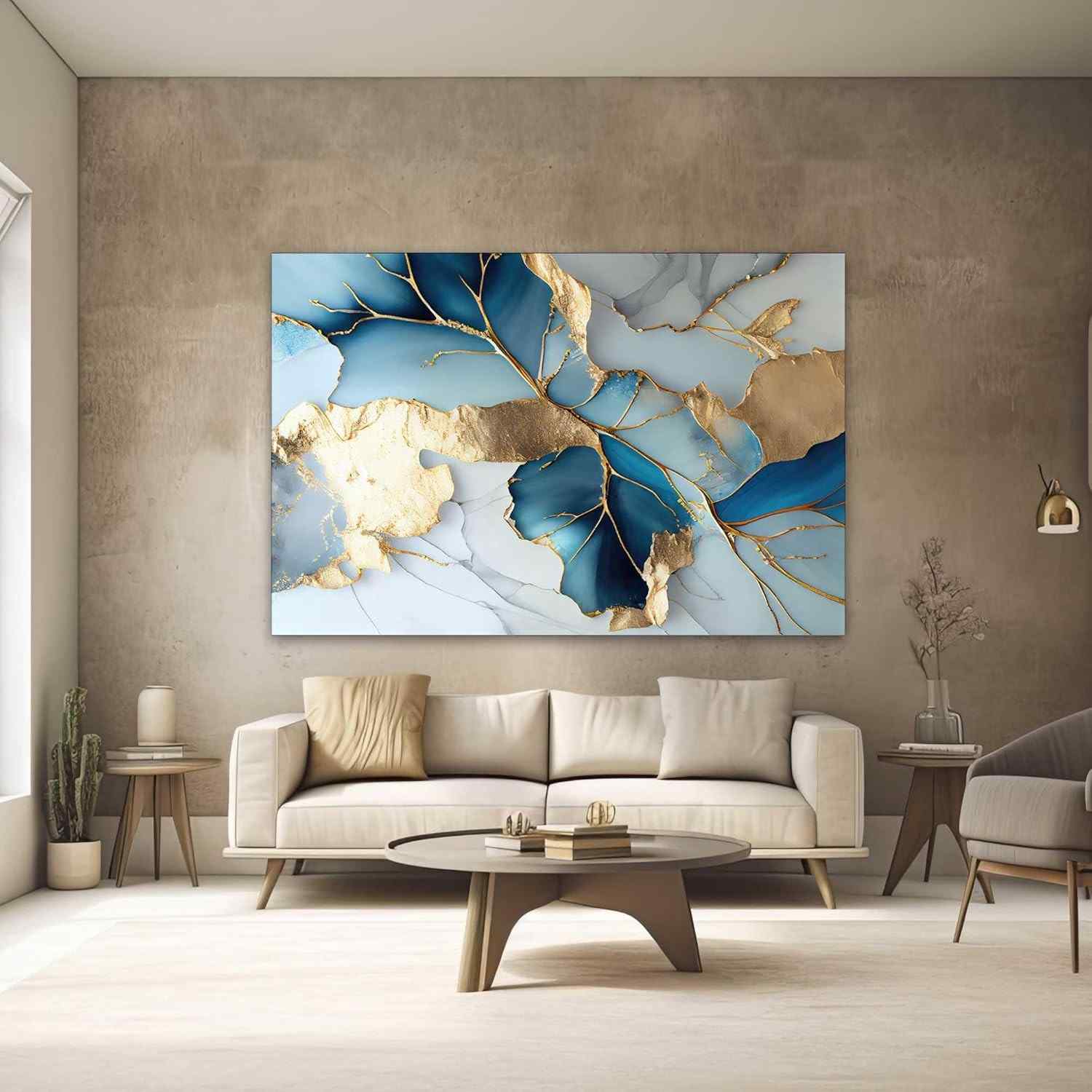 Quadro Decorativo Abstrato Azul Mármore 130x90cm - Transforme seu Espaço com Arte Moderna