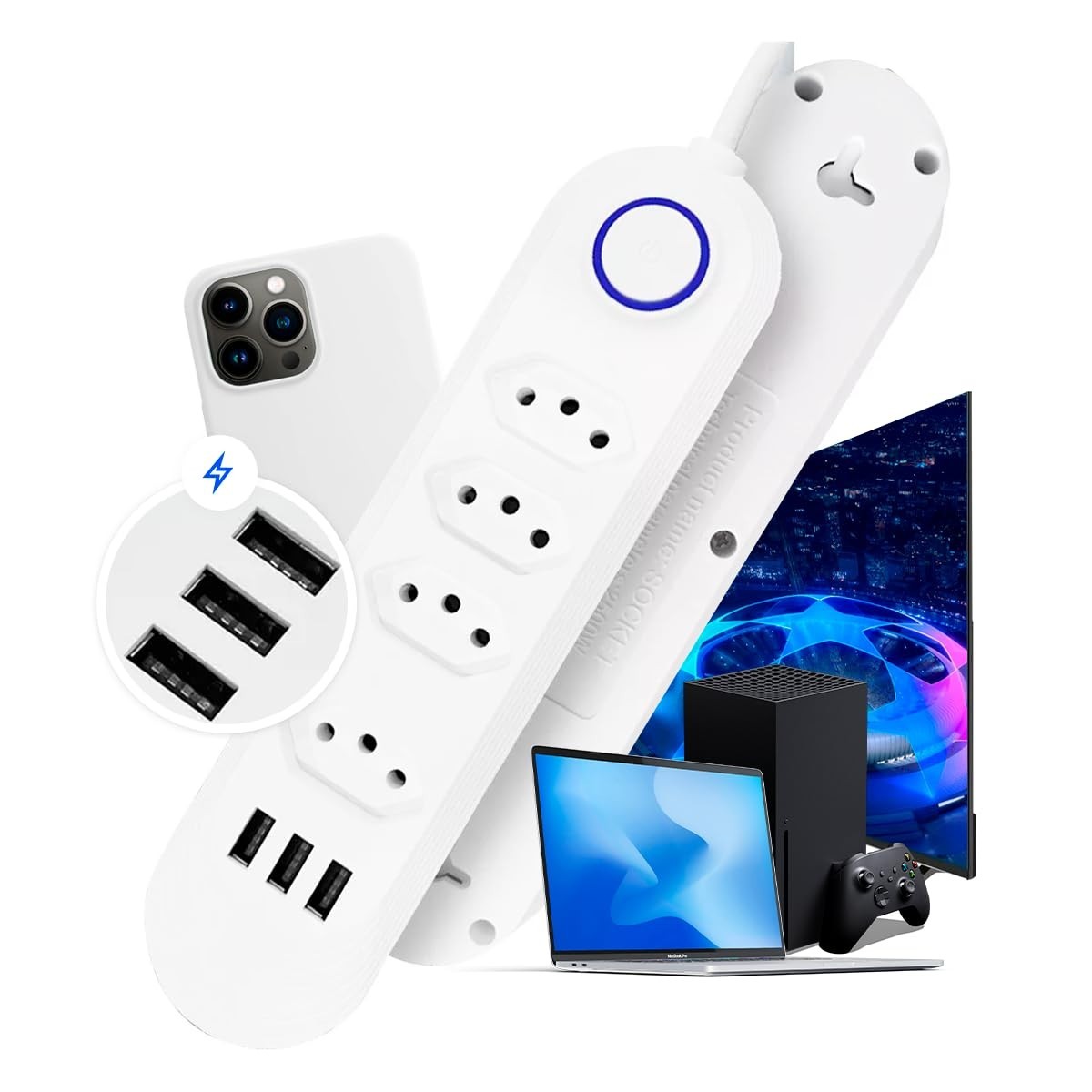 Régua de Extensão Elétrica 4 Tomadas + 3 USB: Potencialize seu Espaço com Segurança e Conectividade!