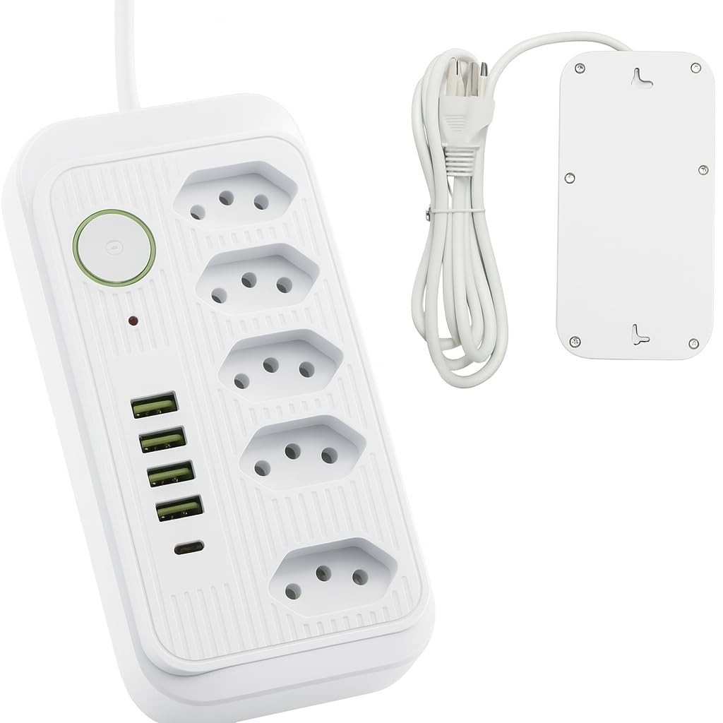 Extensão Elétrica 5 Tomadas + 5 USB + 1 USB-C: Carregamento Rápido e Seguro para Todos Seus Dispositivos