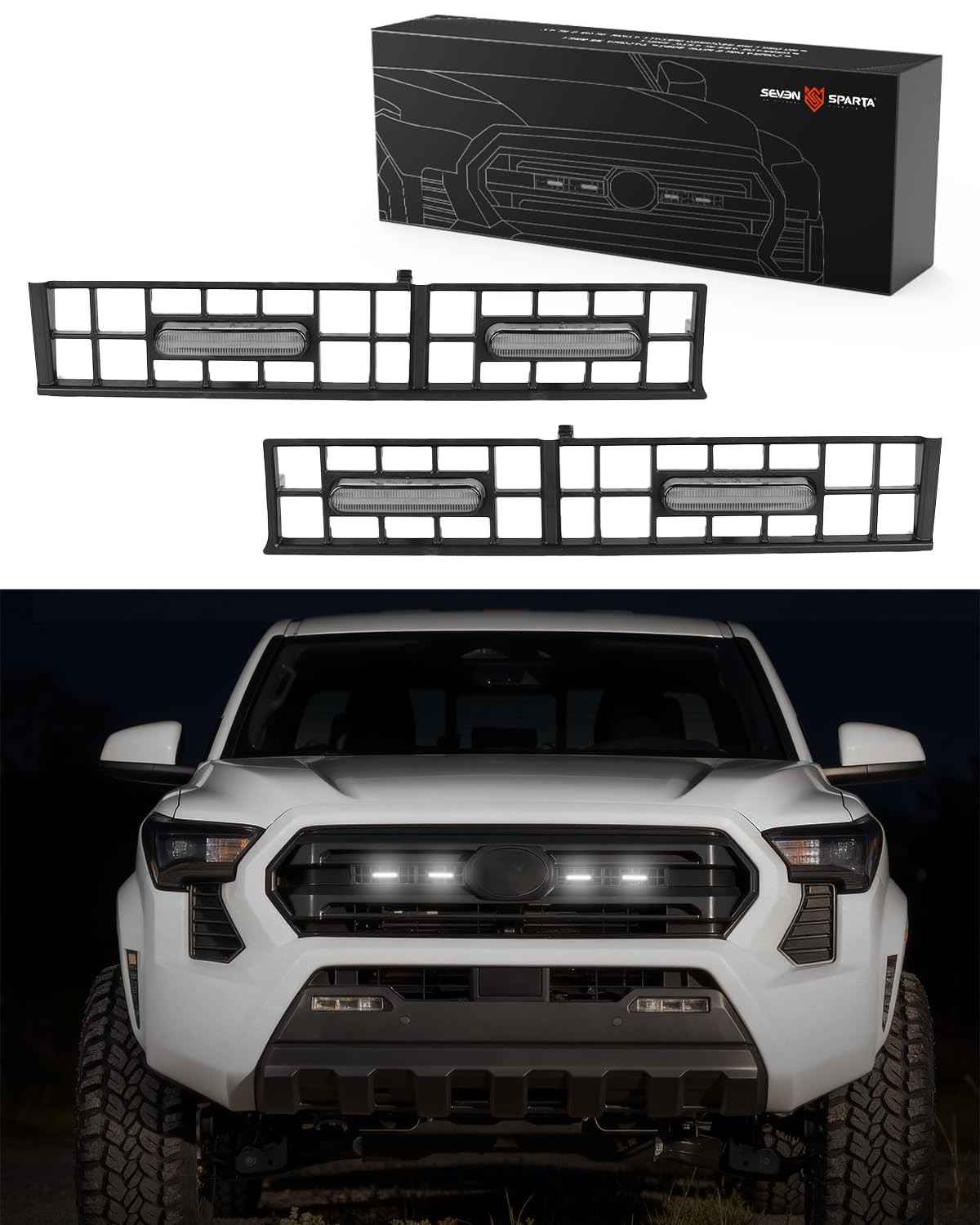 SEVEN SPARTA: Kit 4 Luzes LED para Grade Toyota Tacoma 2024-2025+ SR/SR5 - Instalação Plug & Play (Luz Branca, Revestimento Preto)