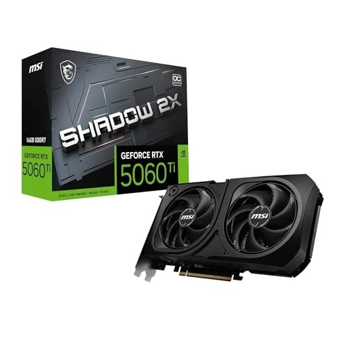 MSI Placa gráfica GeForce RTX 5060 Ti 16G SHADOW 2X OC PLUS - GPU RTX 5060 Ti, 16GB GDDR7 (28Gbps/128-bit), PCIe 5.0 - Design térmico de ventilador duplo (2 x ventoinhas STORMFORCE) - HDMI 2.1b