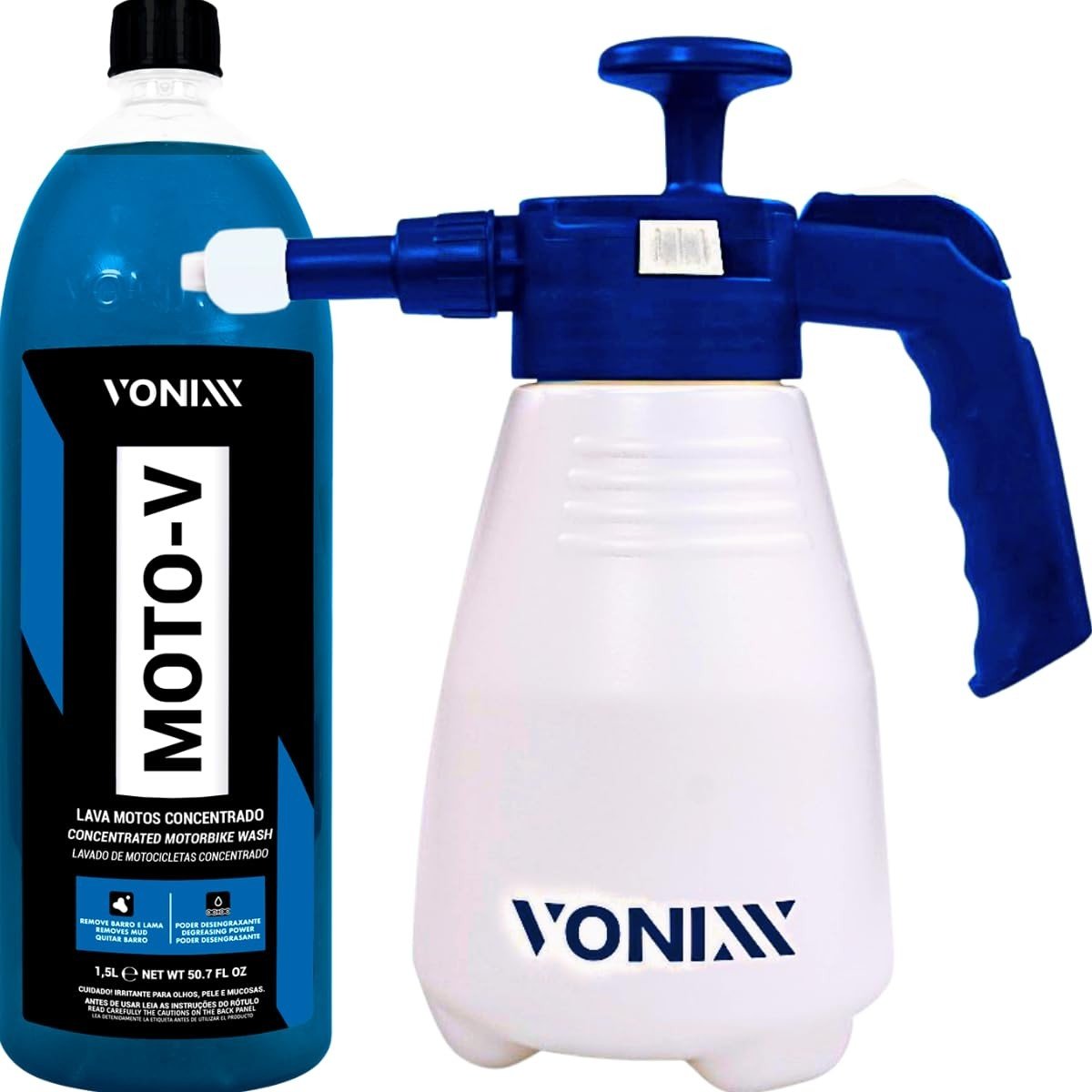 SNOW FOAM GERADOR DE ESPUMA E PULVERIZADOR MANUAL HÍBRIDO 2 EM 1 – 2L VONIXX + SHAMPOO MOTO-V 1,5L VONIXX