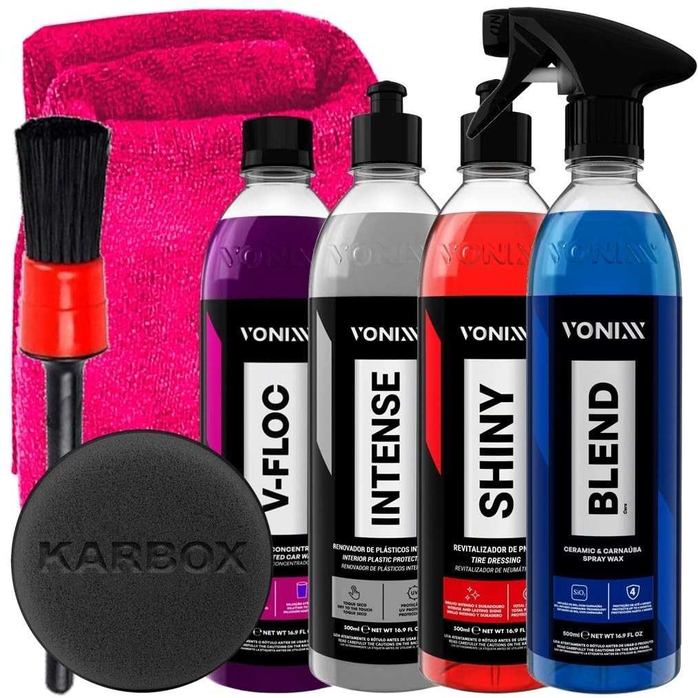 Kit Completo Vonixx Intense, Shiny, Blend Spray e V-Floc com Acessórios Karbox para Detalhamento Automotivo