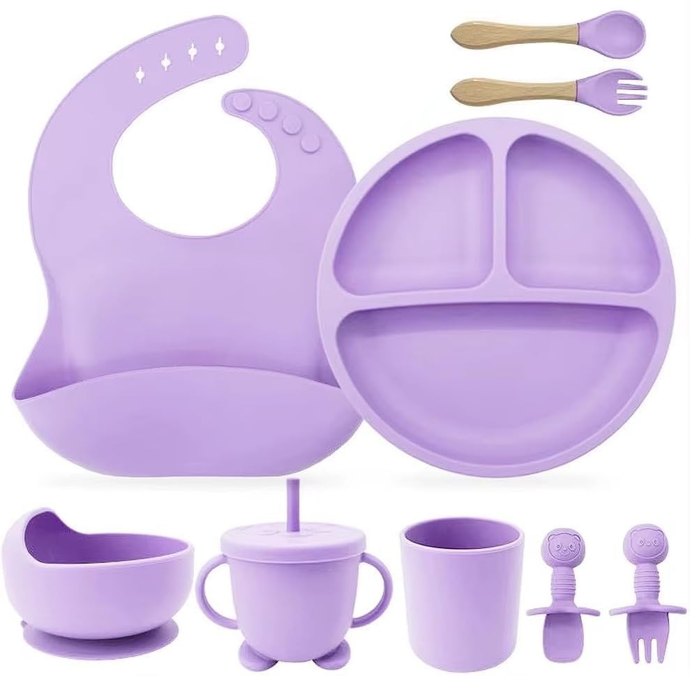 Kit Introdução Alimentar Bebê 8 Peças - Silicone Seguro, Sem BPA, Antialérgico - Prato, Copo, Colher, Garfo e Babador Premium (Roxo)