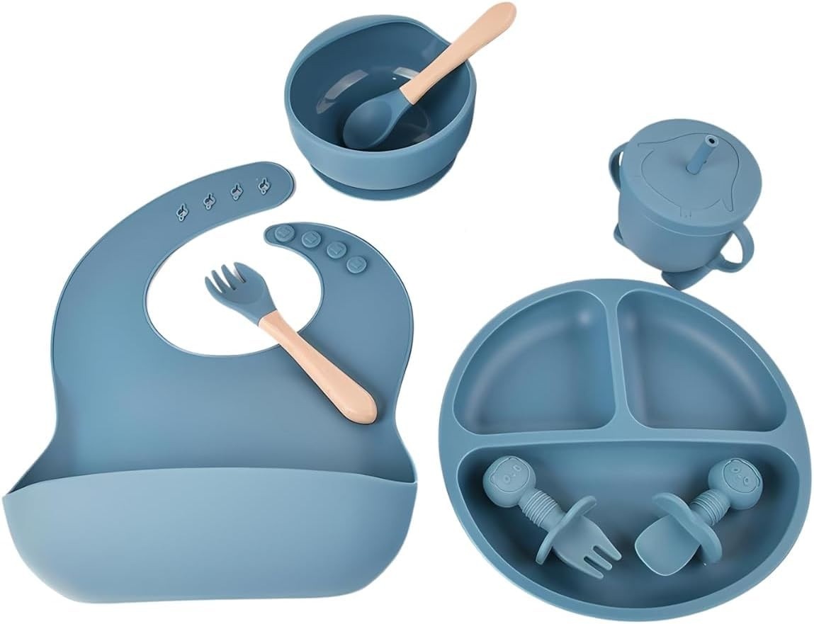 Kit Alimentação Infantil em Silicone Azul - Prato com Ventosa, Talheres, Tigela, Copo e Babador Seguro