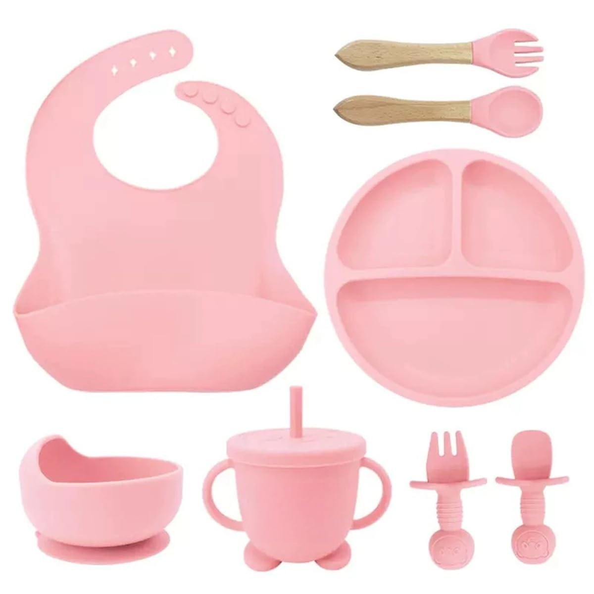 Kit Introdução Alimentar Bebê 8 Peças em Silicone Seguro Rosa - Sem BPA, Atóxico e Antibacteriano