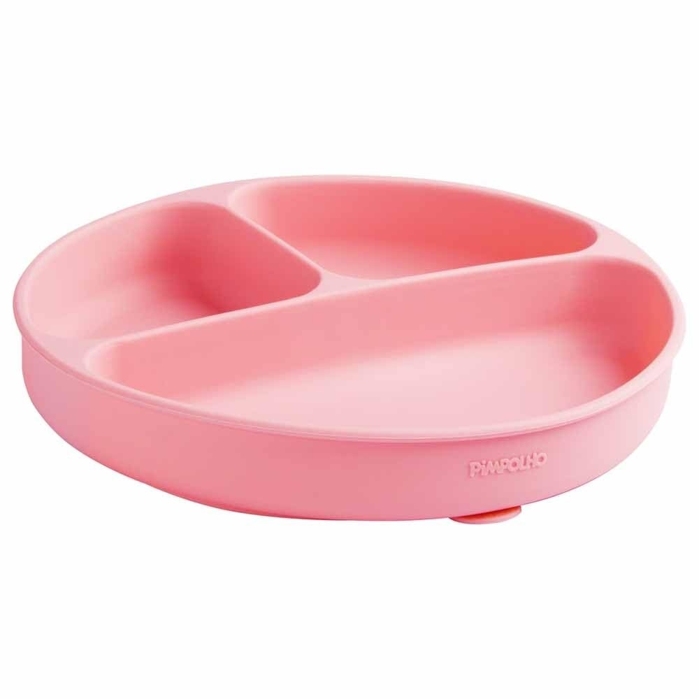 Prato de Silicone com Divisória e Ventosa Rosa - Seguro e Prático para Refeições Infantil
