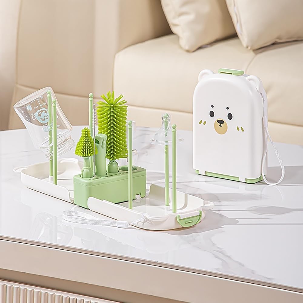 Conjunto de Limpeza de Mamadeira 6 em 1 - Kit Completo com Escova Silicone, Escorredor e Estojo Verde