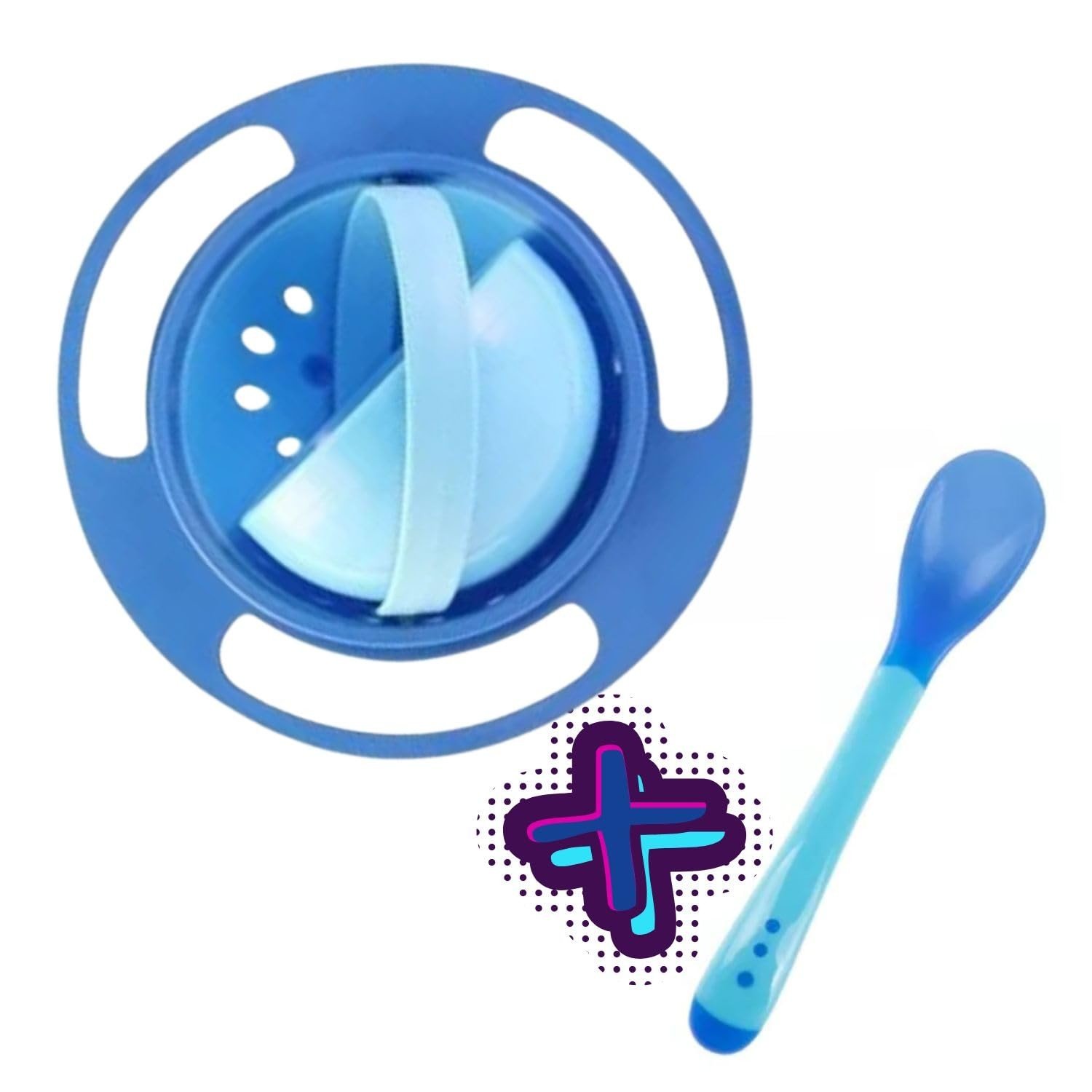 SEM BAGUNÇA - Kit Prato Giratório com Tampa + Colher Termossensível de Silicone Azul