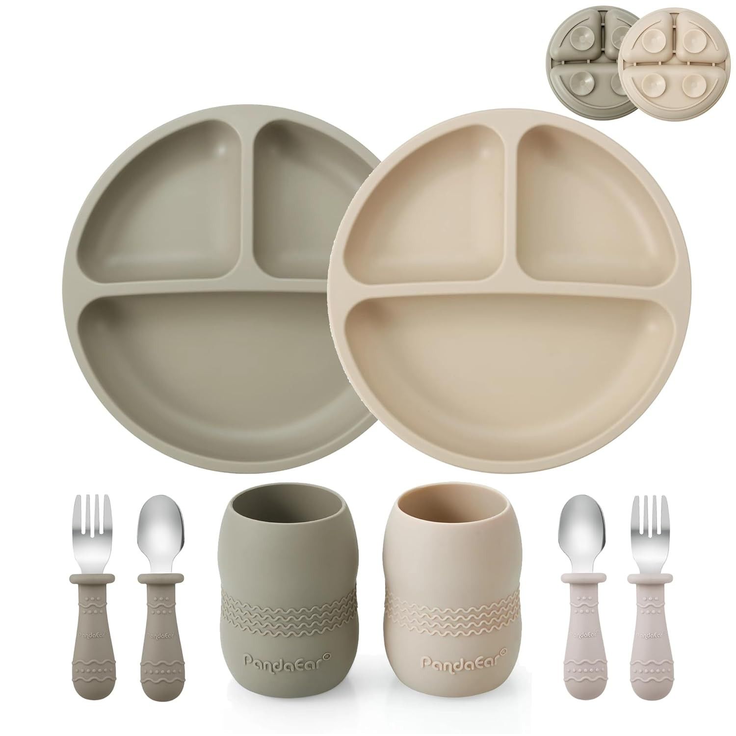 PandaEar Conjunto de Silicone para Alimentação de Bebês - Pratos Divididos com Sucção, Copos e Talheres Seguros