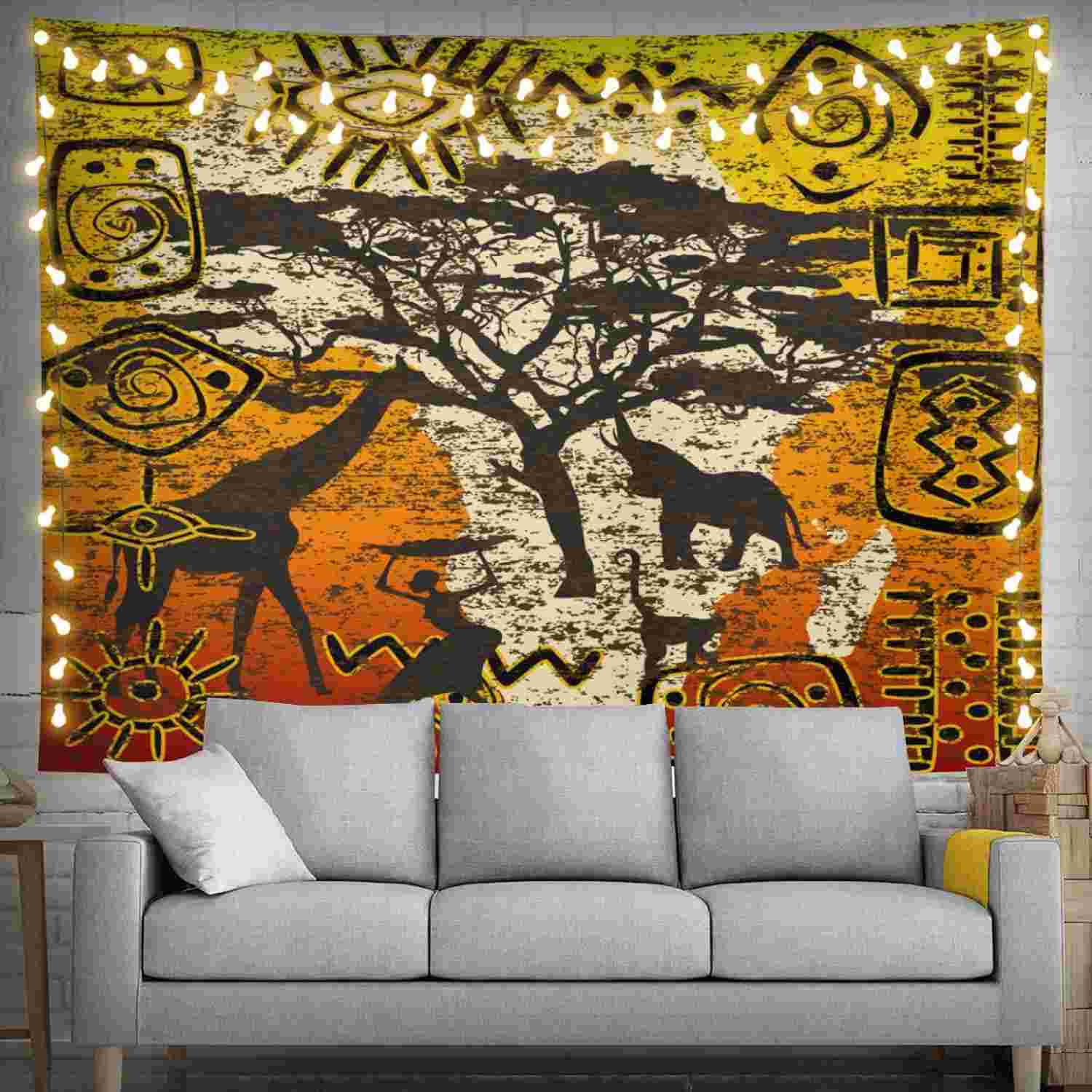 Tapeçaria Afro-étnica 150x100cm - Mapa da África com Símbolos Tribais - Decoração de Parede Moderna e Versátil