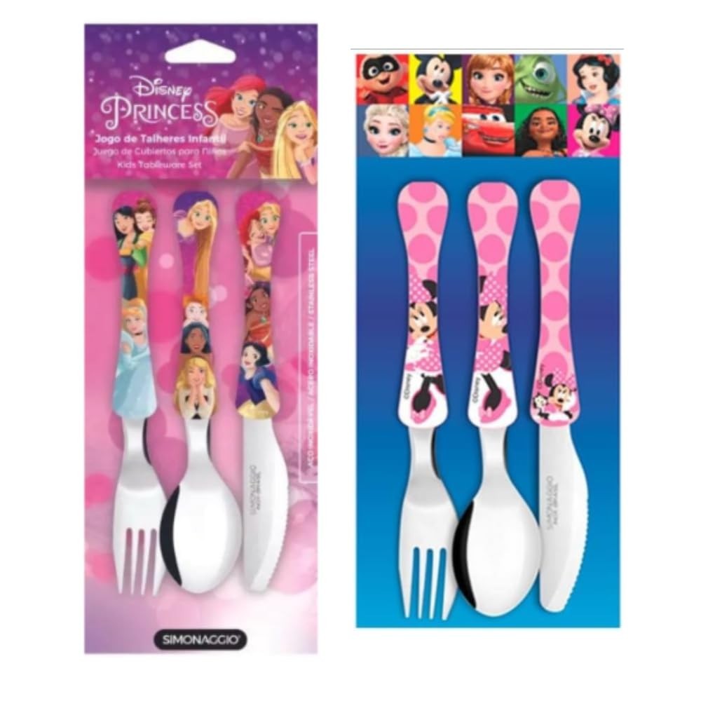 Kit Talheres Infantil Princesas + Minnie 6 Peças - Simonaggio | Estimule a Autonomia na Hora das Refeições