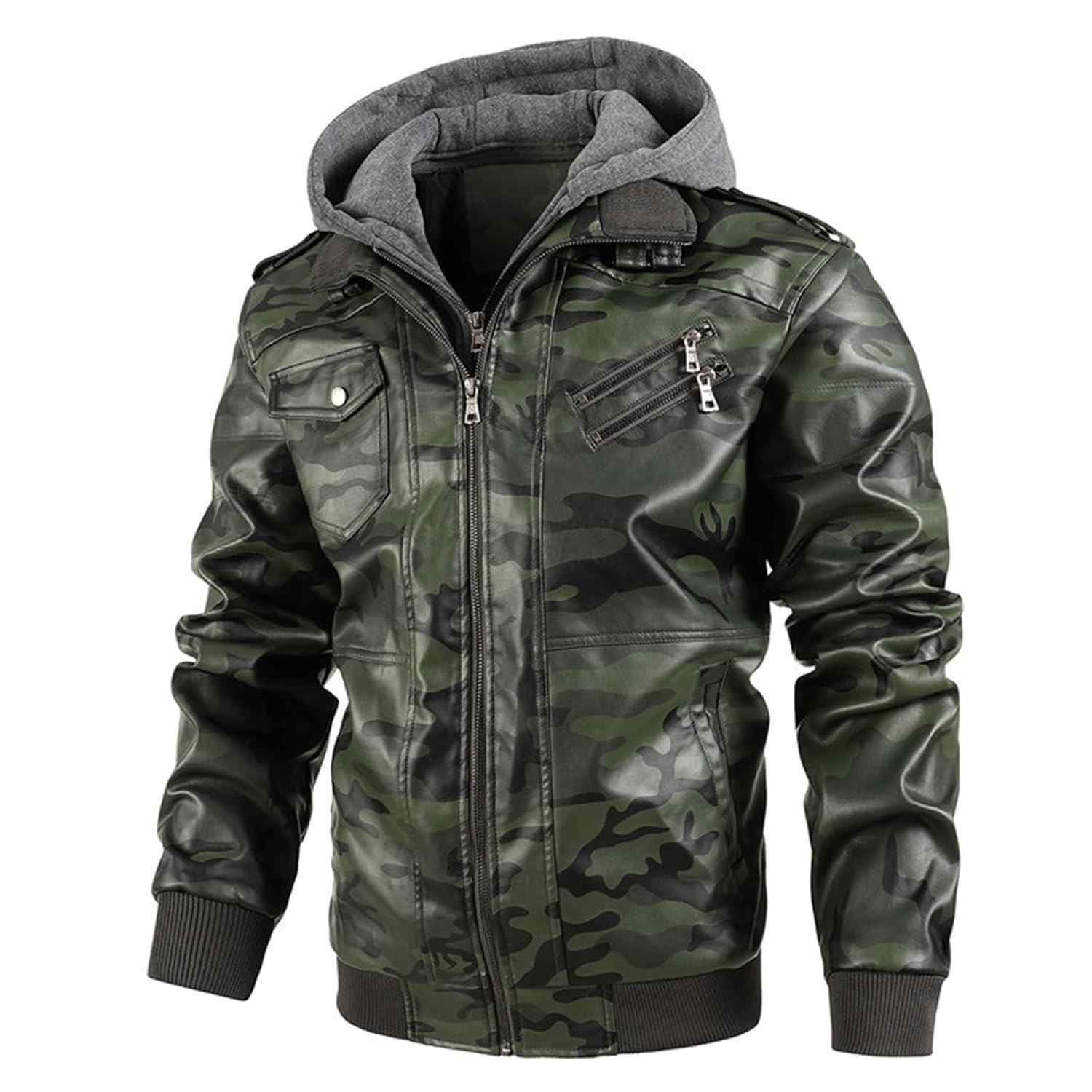 PEGENO Jaqueta masculina leve de couro sintético camuflada para motociclista