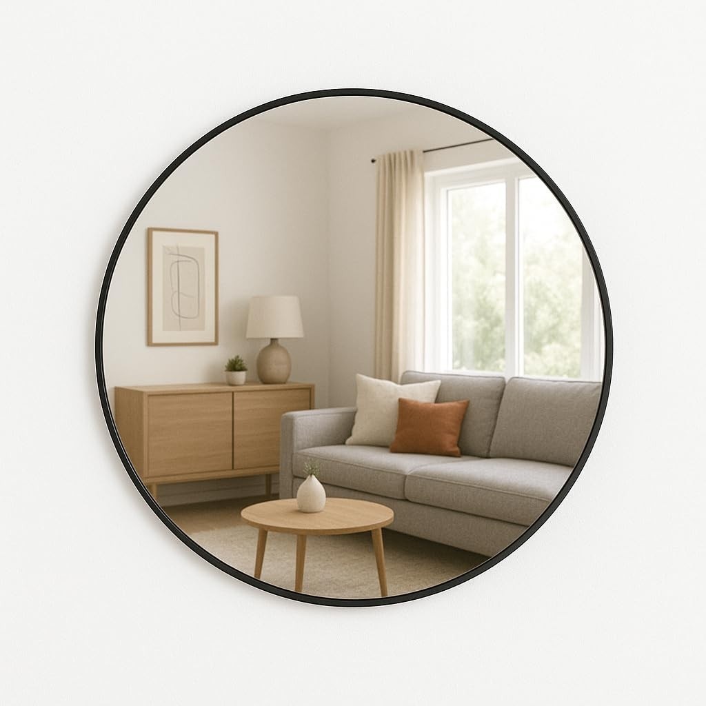 Espelho Redondo com Moldura em Couro Sintético - 50cm | Design Elegante para Sala, Quarto, Escritório ou Banheiro