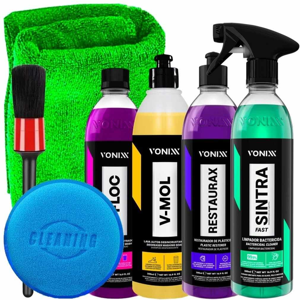 Kit Completo Vonixx: Sintra Fast, V-Mol, Restaurax, V-Floc + Acessórios Karbox para Detalhamento Automotivo