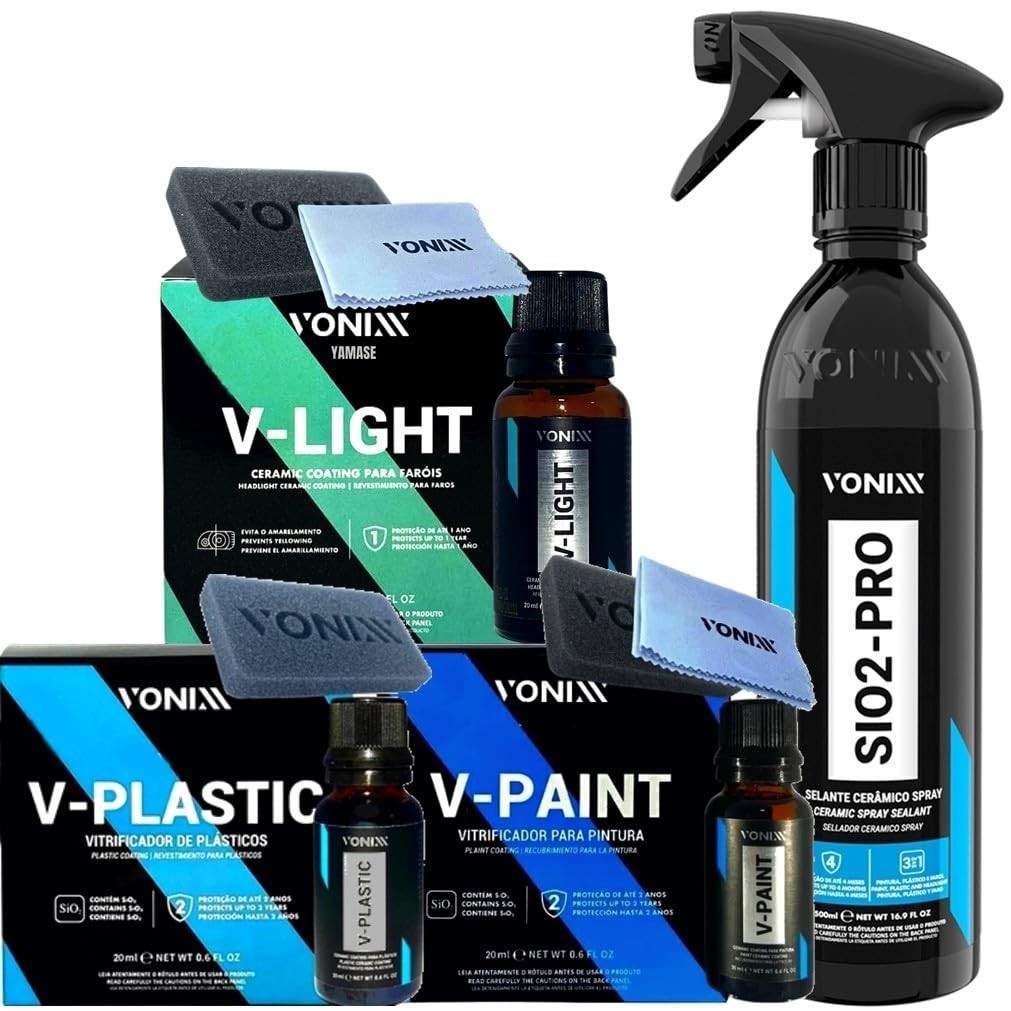 Kit Vitrificação Vonixx - V-Plastic, V-Paint, V-Light + Selante Sio2 Pro