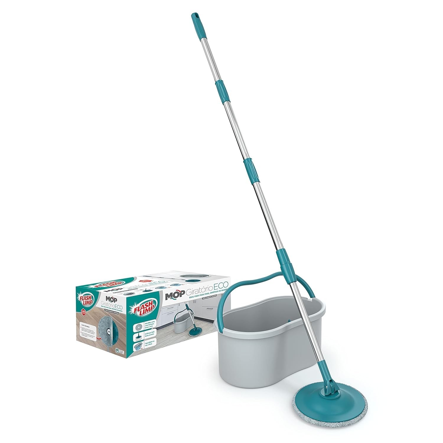 Flash Limp Mop Giratório Eco - Balde 7L com Refil de Microfibra Curta e Sistema de Limpeza Eficiente